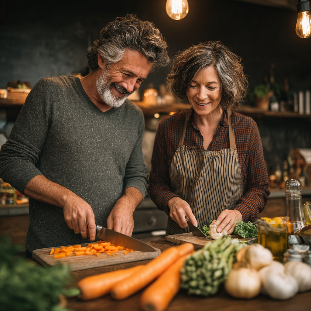 Happy middle-aged couple cooking together in modern kitchen, chopping vegetables and preparing healthy meal with fresh ingredients