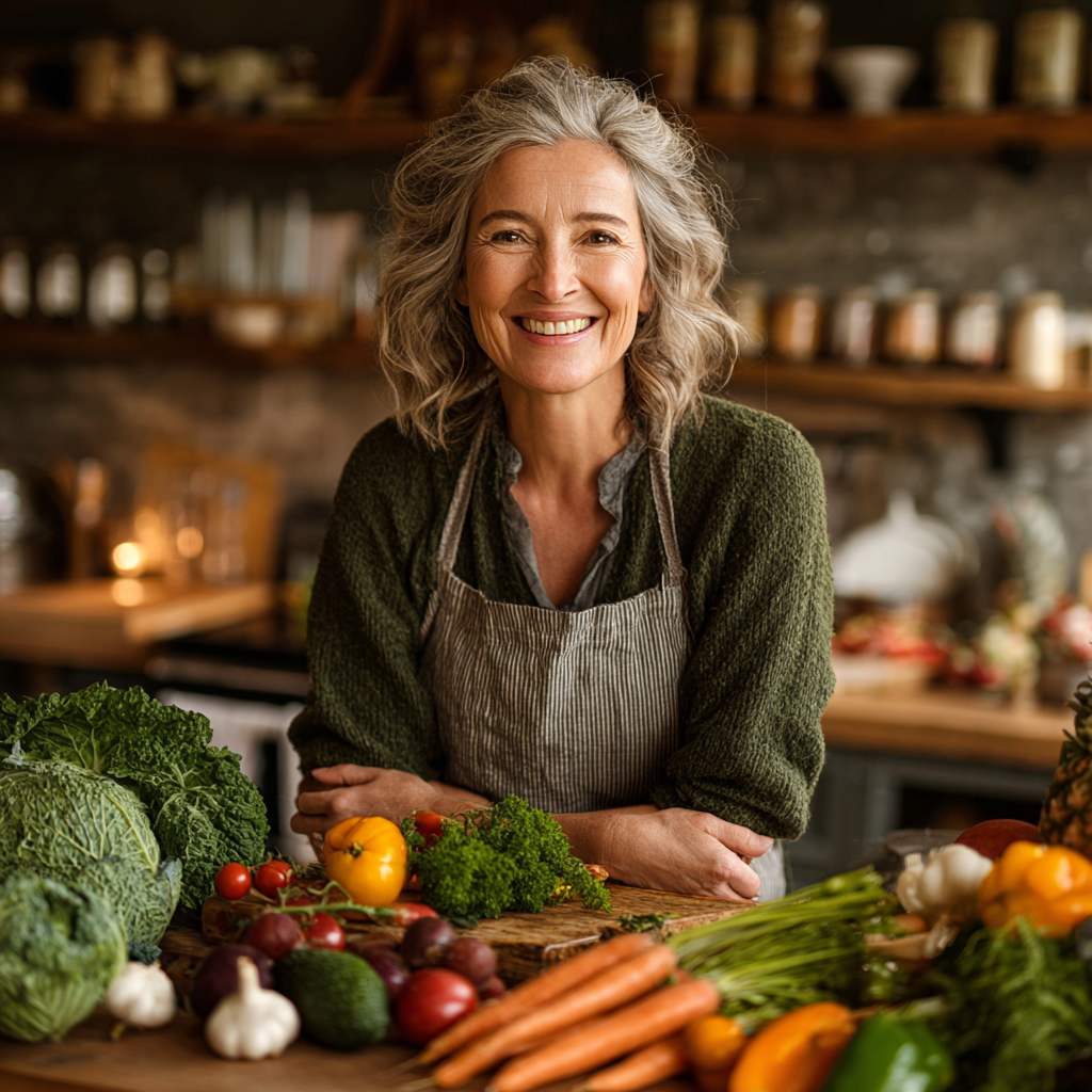 Smiling middle-aged woman in her kitchen holding fresh vegetables and fruits, preparing healthy meal ingredients